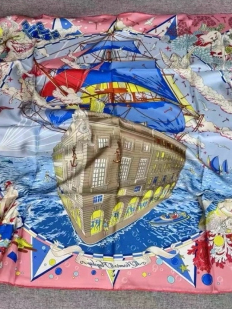 SilkFeel Nautical Print Scarf In Pink And Blue 100Silk 90 X90cm